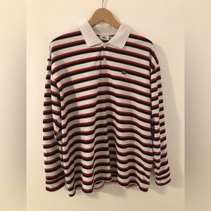 Black, white and red horizontal striped, long sleeve polo. Some minor wear.
